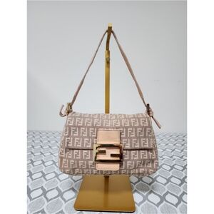 Fendi Vintage Zucchino Canvas Mini Baguette Shoulder Bag Beige/Pink